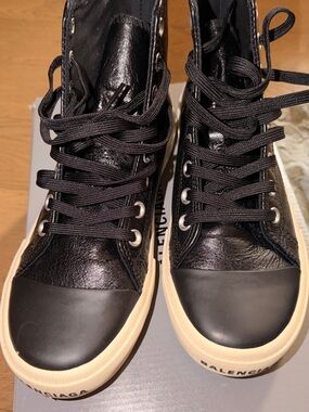 Balenciaga Black Leather High-Top Sneakers with Cream Soles